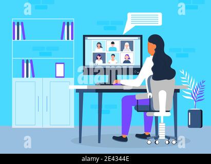 Remote school class is studying. Video call conference concept vector. Social distancing during quarantine. University online course and teacher is Stock Vector