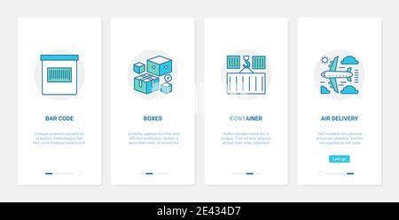 Delivery post service, cargo shipping vector illustration. UX, UI onboarding mobile app page screen set with line barcode, postal box container parcel, air delivery shipment by plane abstract symbols Stock Vector