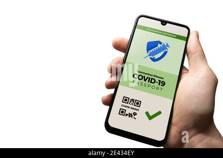 Smartphone displaying a valid digital vaccination passport for COVID-19 in male's hand isolated on white background. Vaccination, disease immunity pas Stock Photo