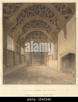 John Buckler FSA, 1770â€“1851, British, Interior View of Rufford Hall, Lancashire, belonging to Sir Thomas Hesketh Bart, 1817. Watercolor and pen and black ink on moderately thick, cream wove paper.   abbey , arches , architectural subject , corbels , country house , engravings , fireplace , open timber roofs , transoms (windows) , windows. England , Europe , Lancashire , Rufford Old Hall , United Kingdom Stock Photo