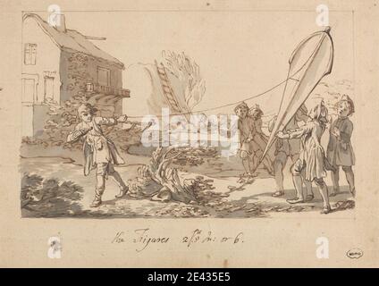 Francis Hayman, 1707/8â€“1776, British, Flying the Kite, ca. 1740. Pen and brown ink, brown wash and gray wash on medium, slightly textured, beige laid paper.   building , children , genre subject , kite , ladder , sporting art Stock Photo
