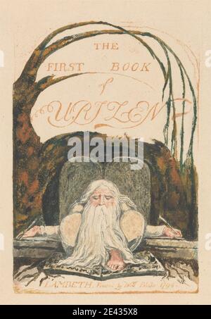 Print made by William Blake, 1757â€“1827, British, The First Book of Urizen, Plate 1, The First Book of Urizen. (Bentley 1), 1794. Color-printed relief etching in orange-brown with watercolor on moderately thick, slightly textured, cream wove paper.   beard , book , branches , grave , gravestone , literary theme , men , root , roots , text , tombstone , trees , writing (processes) Stock Photo