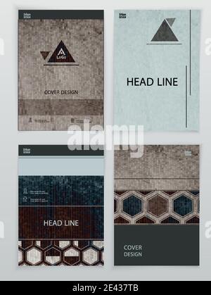 Grey black banner set. Geometry abstract background with gexagon pattern. Old modern rectangle mosaic. Vector illustration. Stock Vector