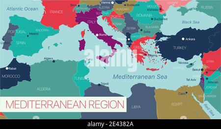 Mediterranian sea region detailed editable map with countries capitals. Vector EPS-10 file Stock Vector