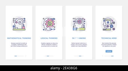 Mind processes logic vector illustration. UX, UI onboarding mobile app page screen set of abstract line human head processing in fast mathematical logical thinking, technical intelligence symbols Stock Vector