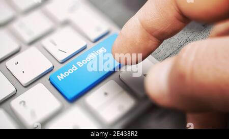 Mood Boosting - Slim Aluminum Keyboard with a Blue Button. 3D. Stock Photo