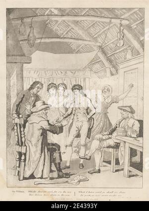 Print made by David Allan, 1744–1796, British, born in Scotland, Sir William Worthy and Patie, 1808. Etching and aquatint on moderately thick, slightly textured, cream wove paper.   apron (main garment) , ballads , boots , breeches , buckles , cane , chairs , chart , coats , costume , cottage , door , drapery , dresses , fichu , genre subject , gesture , hats , hollow masonry units , interior , kerchief , listening , lock , meat , men , papers , pastoral , peasants , pipe , pitcher , plaid , poem , pointing , rafters , sash , seaman , shoes , table , tub , violin , waistcoats , women. Europe , Stock Photo
