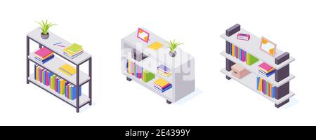 Books on shelf in isometric vector illustration set. Stock Vector