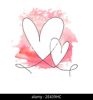 Hand drawn two hearts with black outline and watercolor red stain isolated on white background. Continuous line in form of heart. One line drawing. Te Stock Vector
