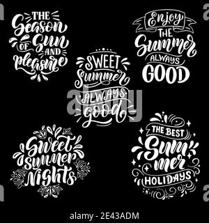 Set of lettering compositions about summer in vector graphics, on a black background. For the design of posters, banners, prints for t-shirts, covers Stock Vector