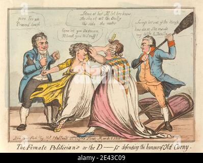 unknown artist, The Female Politicians, Or - The D    ss Defending the Honour of Old Corny, 1801. Etching and aquatint, hand-colored. Stock Photo