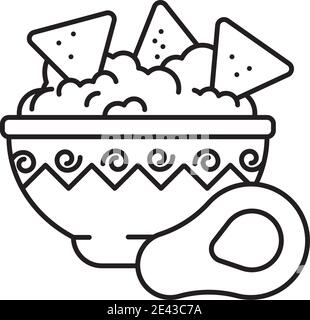 Bowl of Guacamole with tortilla chips and halved avocado vector line icon Stock Vector