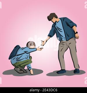 man helping his friend to get up isolated on gradient pink background. Business teamwork concept. Stock Vector
