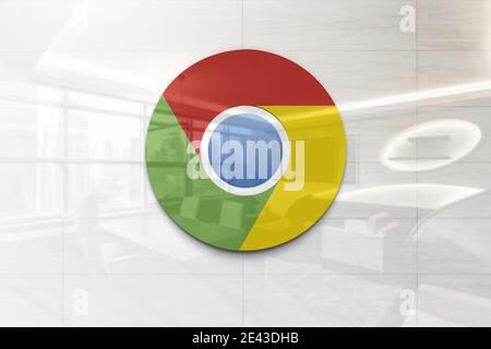 google chrome logo on reflective business wall plaque Stock Photo