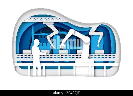 Automatic production conveyor belt with robotic arms. Vector ...