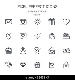 Love related vector line icons set for Valentine's day. Pixel perfect icons with editable stroke isolated on white background with  48 x 48 pixels dim Stock Vector