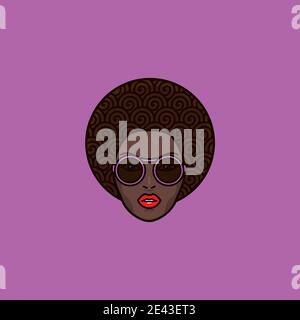 Curly hair beautiful african woman face with purple sunglasses and red lips vector illustration for Afro Day on September 15 Stock Vector
