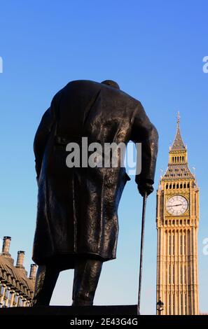 LONDON, UNITED KINGDOM - Jan 24, 2015: Statue of Sir Winston Churchill, in Parliament Square, London, United Kingdom, looking towards the British Hous Stock Photo