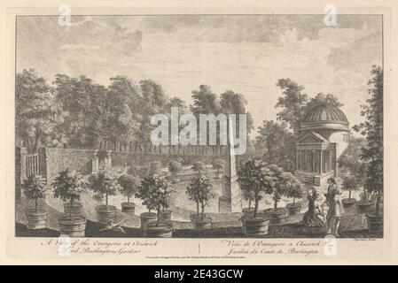 Print made by unknown artist, eighteenth century, A View of the Orangerie at Chiswick, Lord Burlington's Garden, ca. 1730. Engraving. Stock Photo