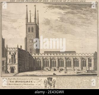 William Henry Toms, ca. 1700â€“ca. 1750, British, The South Prospect of the Church of Sepulchre, 1737. Engraving. Stock Photo