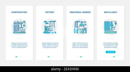 Metallurgy industry, plant construction vector illustration. UX, UI onboarding mobile app page screen set with line industrial symbols of steel production, metallurgical factory workers, manufacture Stock Vector