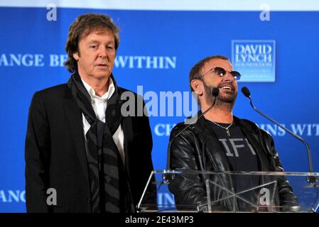 Musicians Paul McCartney and Ringo Starr speak at the 'Change Begins Within' press conference to launch an initiative to teach one million at-risk youth to meditate held at Radio City Music Hall New York City, NY, USA, on April 3, 2009. Photo by Gregorio Binuya/ABACAPRESS.COM Stock Photo