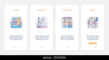 Home appliances for communication and entertainment vector illustration. UX, UI onboarding mobile app page screen set with line wireless internet symbols, phone gadget, smart speakers to play music Stock Vector
