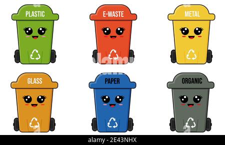 Set of garbage containers. Recycle bins plastic, metal, glass, e-waste, paper, organic. Cartoon characters. Vector illustration isolated on white back Stock Vector