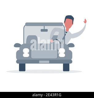 Businessman driving the car and waving to someone. Saying hello. Stock Vector