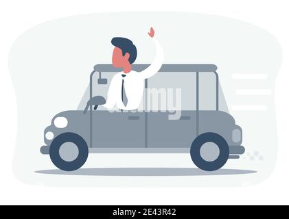 Businessman driving the car and waving to someone. Saying hello. Vector, illustration Stock Vector