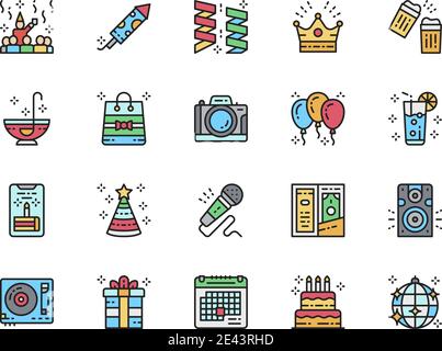 Set of Party Flat Color Line Icons. Celebration, Firecracker, Garlands and more. Stock Vector