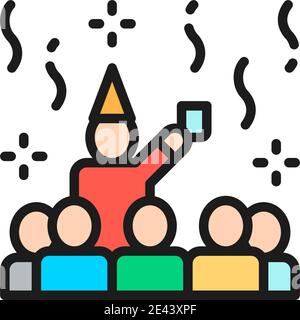 Friend party, birthday celebration, people on the party flat color line icon. Stock Vector