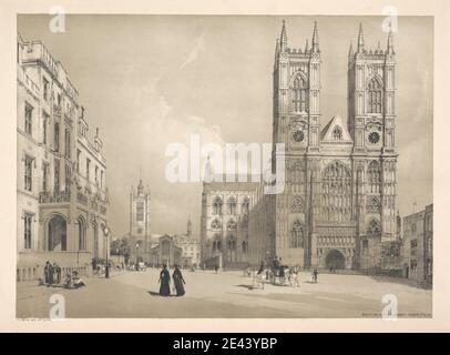 Print made by Thomas Shotter Boys, 1803–1874, British, Westminster Abbey, Hospital &c, 1842. Lithograph with tint on thick, slightly textured, cream card.   arches , architectural subject , architecture , buildings , carriages , cathedral , children , church , city , cityscape , clocks , coats , costume , crowd , dresses , genre subject , hats , horses (animals) , hospital , lanterns (lighting devices) , men , palace , road , scholars , science , sidewalk , square , stairs , steeples , street , street lamps , top hats , walking , women. City of Westminster , England , Greater London , London , Stock Photo