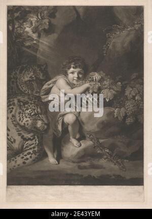 Print made by John Raphael Smith, 1752â€“1812, British, Master Henry George Herbert as the 'Infant Bacchus', 1776. Mezzotint on moderately thick, moderately textured, cream, laid paper.   basket , child , cloth , eyes , god , grapes , leaves , leopards , light , portrait , religious and mythological subject , rock , vines. Herbert, Henry George, 2nd Earl of Carnarvon (1772-1833), Colonel of the West Somerset Yeomanry Bacchus Stock Photo