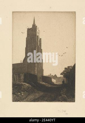 Frederick Landseer Maur Griggs, 1876â€“1938, British, Ashwell, 1914. Etching.   arches , architectural subject , birds , buttresses , chimneys , church , costume , flÃ¨che , grasses , houses , lich gate , parapet , road , rocks , shadows , spire , steeple , tower , trees , wall , windows , woman. Ashwell , Church of Saint Mary the Virgin , England , Hertfordshire , United Kingdom Stock Photo