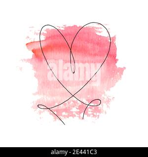 Hand drawn heart with black outline and watercolor red stain isolated on white background. Continuous line in form of heart. One line drawing. Templat Stock Vector