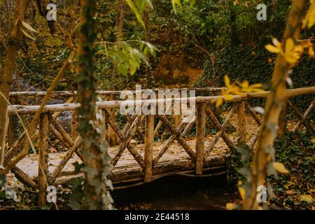 Amazing scenery of narrow wooden footbridge over river in woods in autumn day Stock Photo