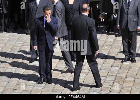 French President Nicolas Sarkozy and former president Jacques Chirac attend the funeral ceromy of former minister Yvon Bourges at the Invalides, in Paris, France, on April 23, 2009. Photo by Christophe Guibbaud/ABACAPRESS.COM Stock Photo