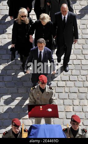 French President Nicolas Sarkozy and former president Jacques Chirac attend the funeral ceromy of former minister Yvon Bourges at the Invalides, in Paris, France, on April 23, 2009. Photo by Christophe Guibbaud/ABACAPRESS.COM Stock Photo