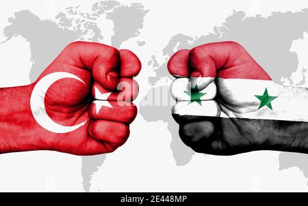 Conflict between Turkey and Syria, male fists - governments conflict concept Stock Photo