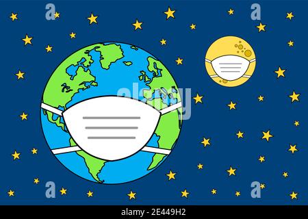 earth and moon plane cartoon wearing virus mask vector Stock Vector