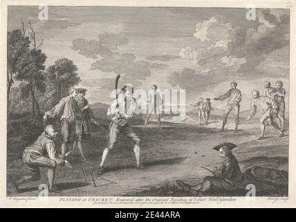 Print made by Guillaume Philippe Benoist, 1725â€“ca. 1770, French, Games at Vauxhall: Playing at Cricket, ca. 1743. Etching with stipple engraving on medium, slightly textured, cream laid paper.   ball , bat , blouses , breeches , city , clouds , coats , competition , cricket , cricket ball , cricket bat , cricket fields , fields , games , genre subject , hats , landscape , leisure , leisure , men , observers , plants , shoes , sporting art , sports , teams , tights , trees , walking sticks. England , Lambeth , London , Southwark , United Kingdom , Vauxhall Gardens Stock Photo