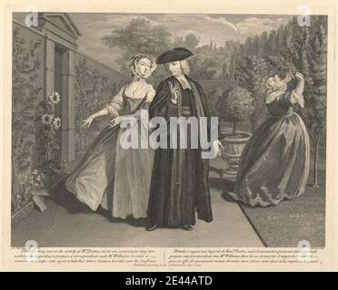 Print made by Guillaume Philippe Benoist, 1725–ca. 1770, French, Pamela, being now in the custody of Mrs. Jenkes, seizes an occasion (as they are walking in the garden) to propose a Correspondence with Mr. Williams in order to contrive an Escape, who agree to hide their letters between two tiles near the Sunflower, 1745. Etching with stipple engraving on medium, slightly textured, cream laid paper.   bonnets , cloak , correspondence , costume , custody , dresses , escape , garden , genre subject , landscape , letters , literary theme , man , novel , Pamela, or Virtue Rewarded (1740) by Samuel Stock Photo