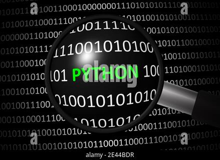 Binary code with Python and magnifying lens on black background Stock Photo