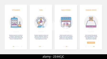 Household home equipment vector illustration. UX, UI onboarding mobile app page screen set with line kitchen electric appliances, steamer and gas stove for cooking food, range hood fan symbols Stock Vector