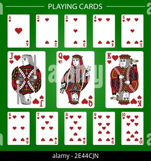 Playing cards of Hearts on a green background. Vector illustration. Original design. Stock Vector