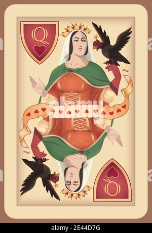 Classic playing card queen hearts. Stock Vector
