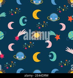 Seamless pattern on a blue background, in vector graphics - space elements in cartoon cute style. For decorating textiles, covers, prints for wrapping Stock Vector