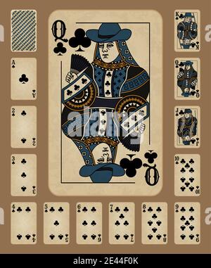 Playing cards of Clubs Western style. Vector illustration. Original design. Stock Vector