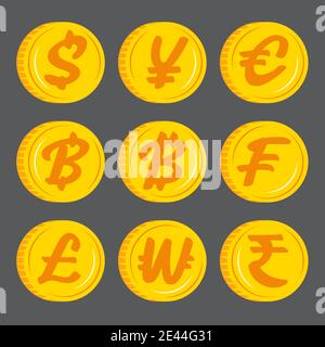 Gold coins with currency symbol icon vector. Flat design. Stock Vector